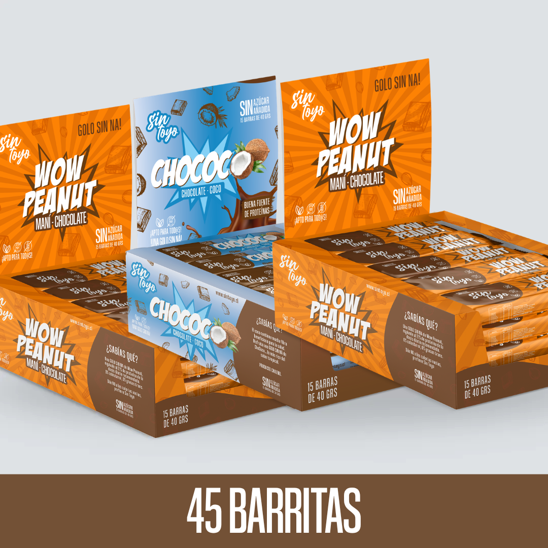 Pack El Decidido: 30 barritas de chocolate con maní y 15 con coco, sin azúcar añadida, Sin Toyo